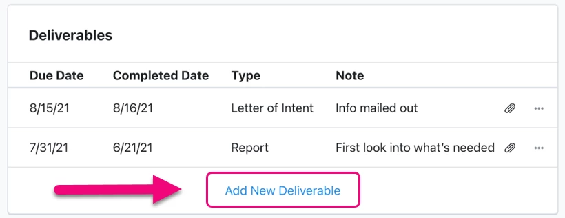 Add new deliverable in the Deliverables section is highlighted