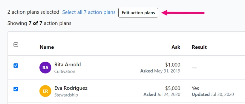 Action plans selected with checkbox and Edit action plans button highlighted