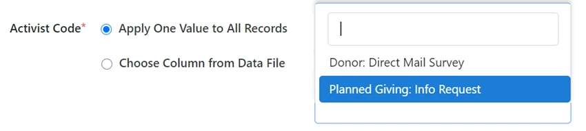 Activist code mapping showing options available to apply to all records