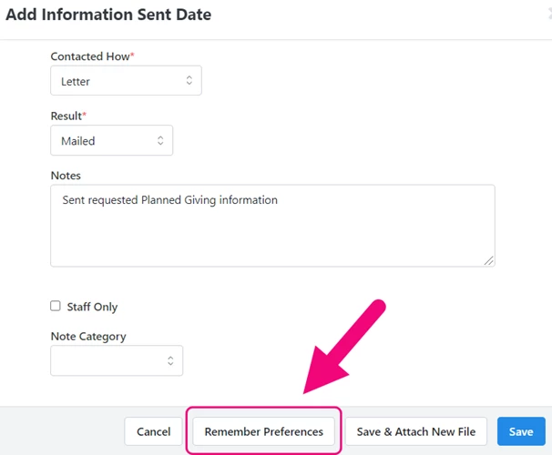 Highlights bottom button to remember preferences