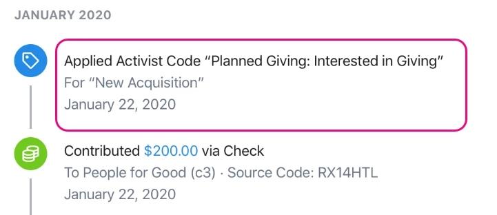 Example of entries in the activity stream