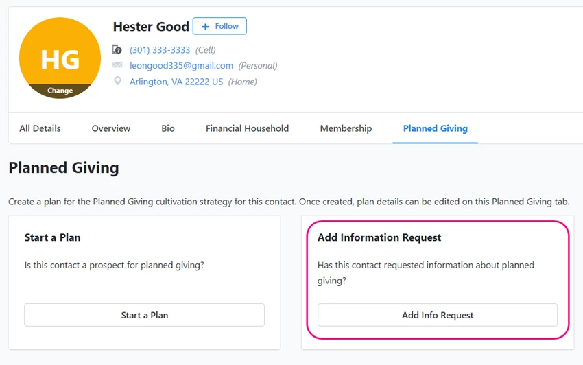 highlighting where to find add information request under the planned giving tab on the contact record