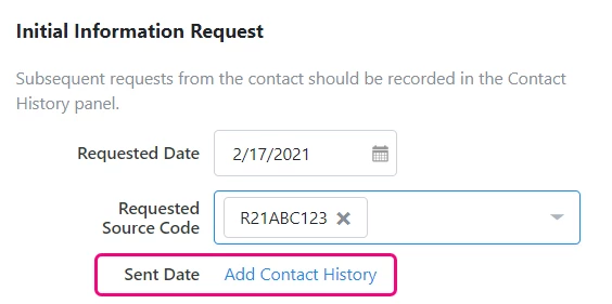 Highlights link  to manually enter contact history