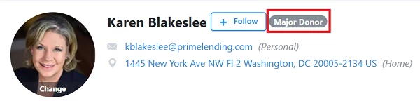 image showing a contact with a badge labelled major donor