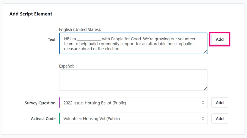 preview area of script builder that shows several elements already added