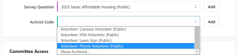 example of Activist Code dropdown