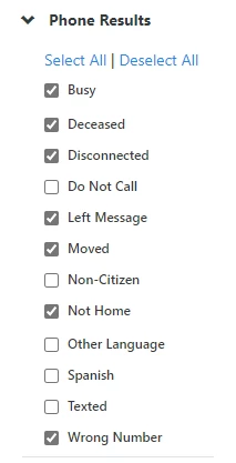 list of possible phone results responses