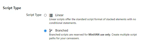 radio buttons showing branched script selected