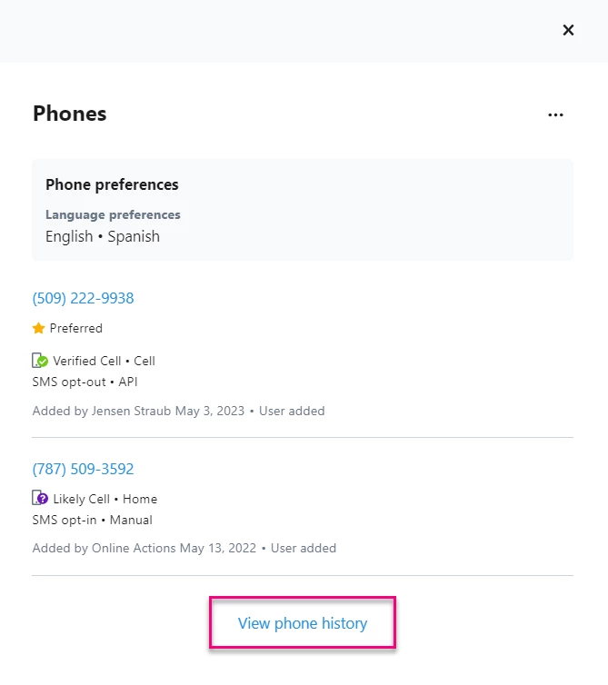 Contact Record Phones (View phone history)