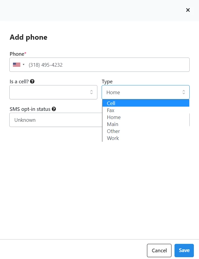 Contact Record Phones (Add Phone)