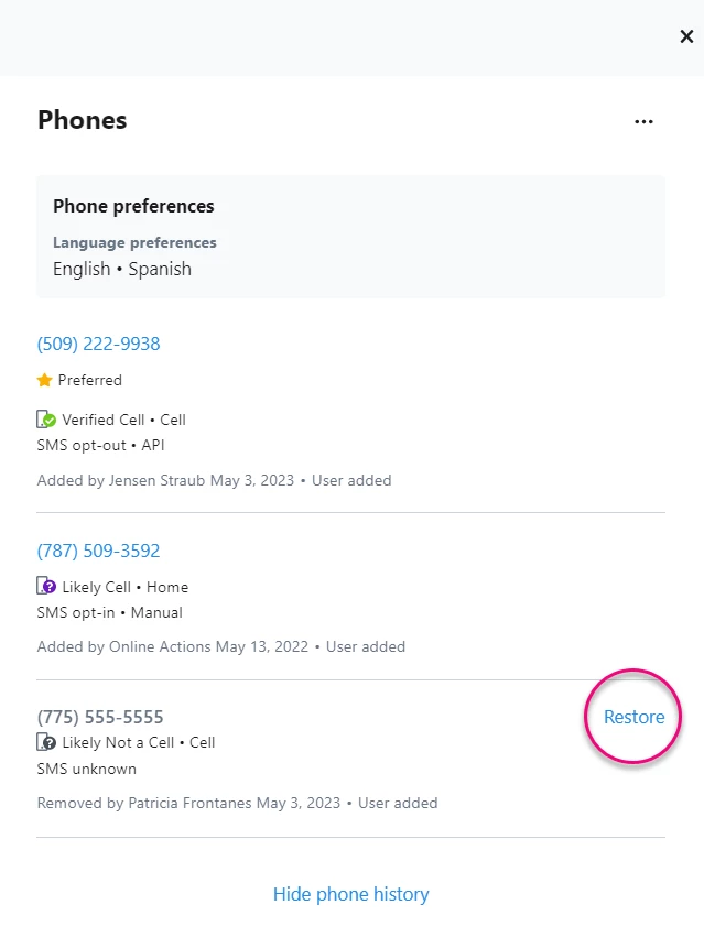 Contact Record Phones (Restore)