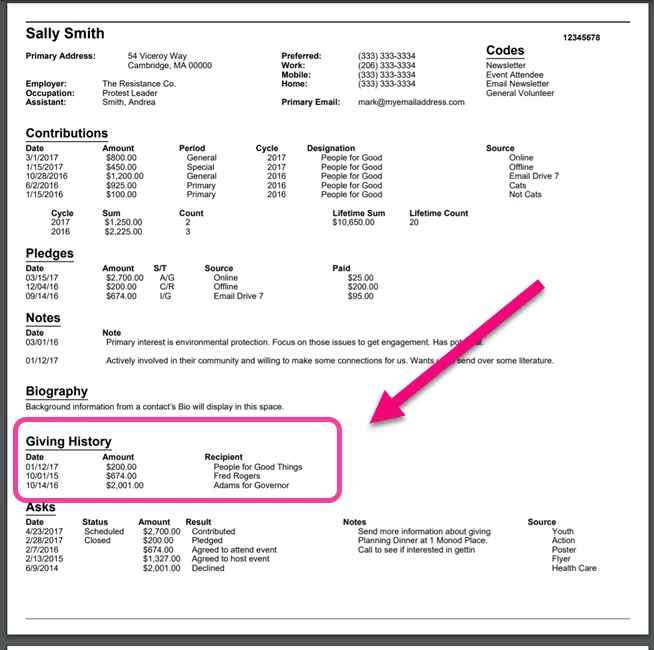 Example of call sheet with giving history