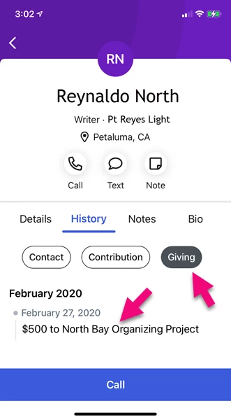 Giving History on Call Time app
