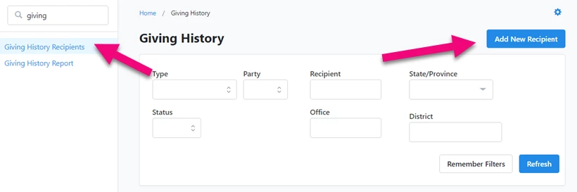 Sidebar search for giving history recipient is highlighted and button for Add New Recipient