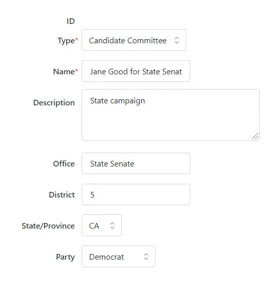 Example of candidate committee with info on name of office, district, and party