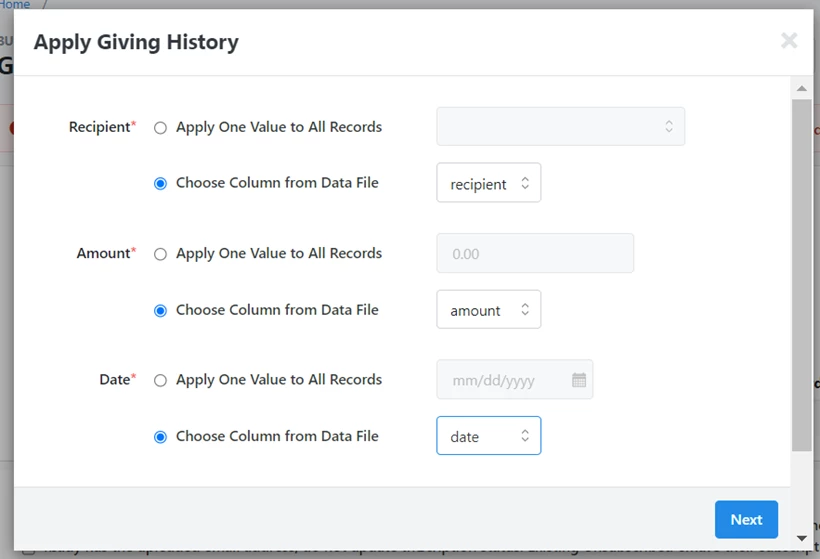 Mapping giving history in bulk upload