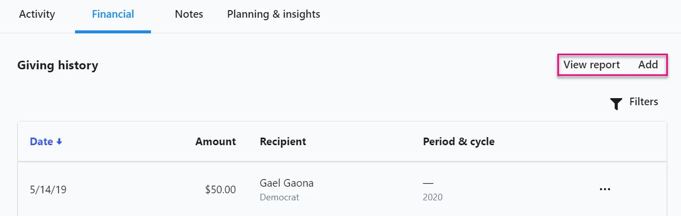 Giving History, View Report, Add