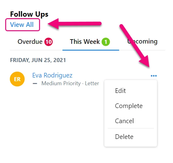 Follow ups card in Fundraising Management with View All and action menu highlighted