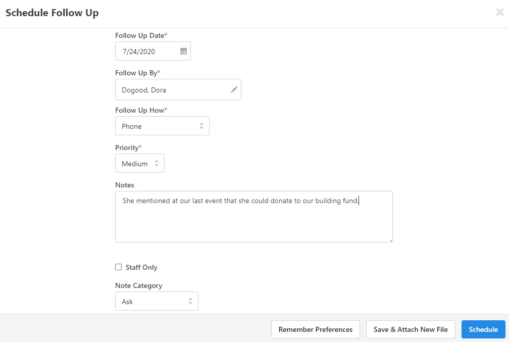 Schedule Follow Up entry screen