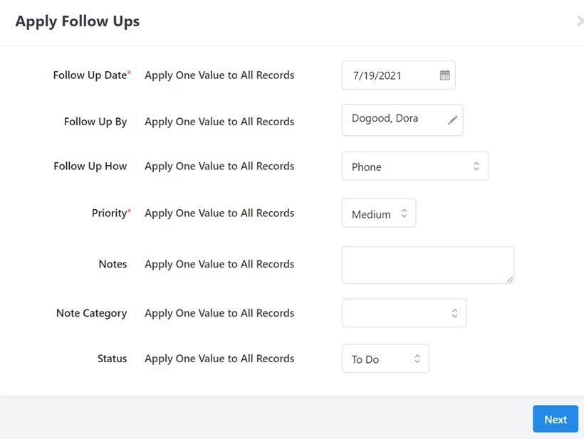 Bulk fields available to update for follow ups
