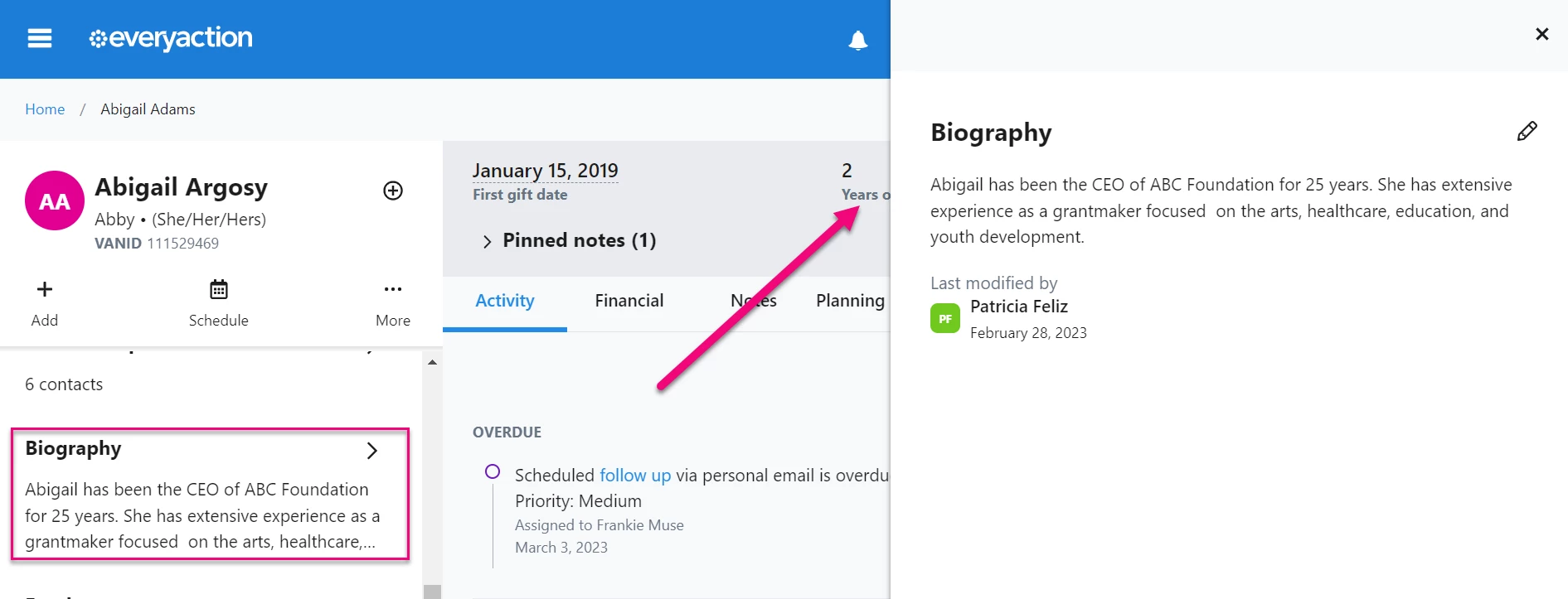 Biography on a contact record