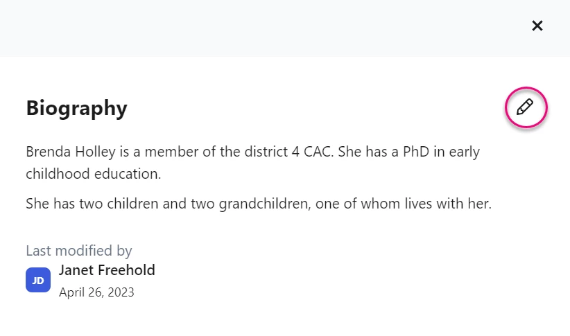 Edit biography, click pencil icon