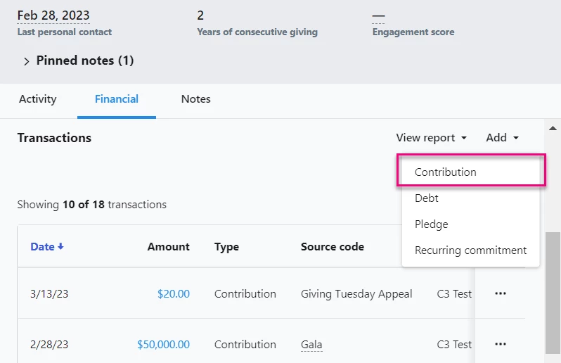 Add contribution under transactions