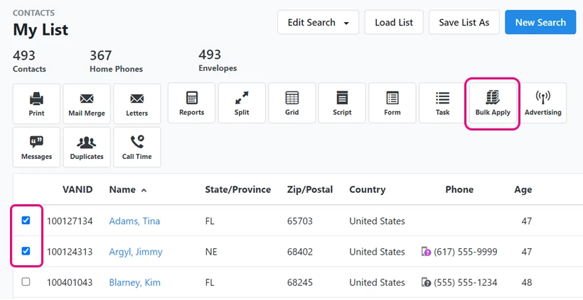 example of selecting contact records from my list to apply the mapping to