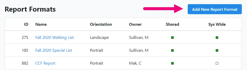 Report Format page with add new highlighted
