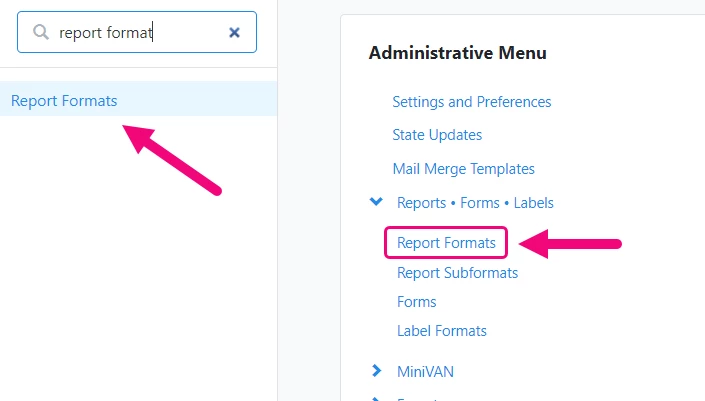 Example of searching sidebar for report format and highlighting the link on the main menu