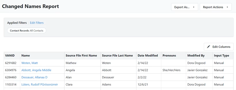 Changed Names Report example