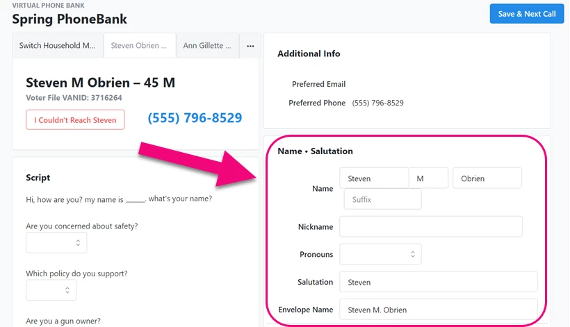 Name * Salutation section on Phone Bank screen