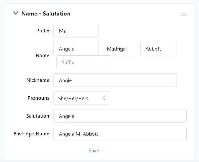 Name * Salutation section of the contact record