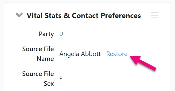 Restore link is highlighted on Vital Stats