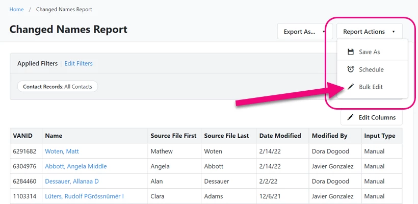 Report Actions > Bulk Edit is highlighted in Changed names report