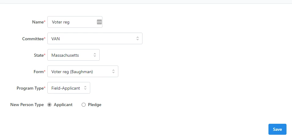 screenshot of fields requested to make a new batch