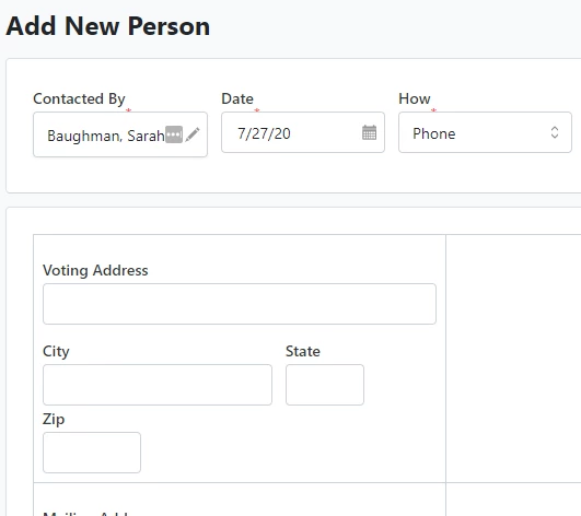 screenshot of the new person screen