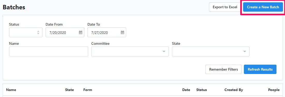 screenshot of the batches dashboard with create new batch highlighted