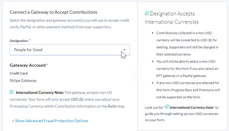 Connect a Gateway section of the online actions form basic step