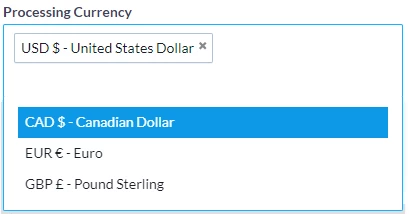 screenshot showing selection of USD, EUR, GBP, CAD
