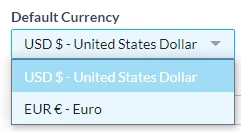 screenshot of default currency dropdown to select which currency to use