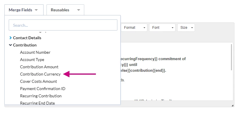 screenshot showing contribution currency item in the merge field dropdown