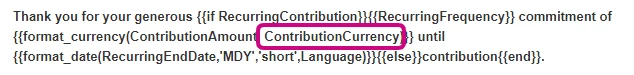 screenshot of the merge field text suggested in the HTML editor