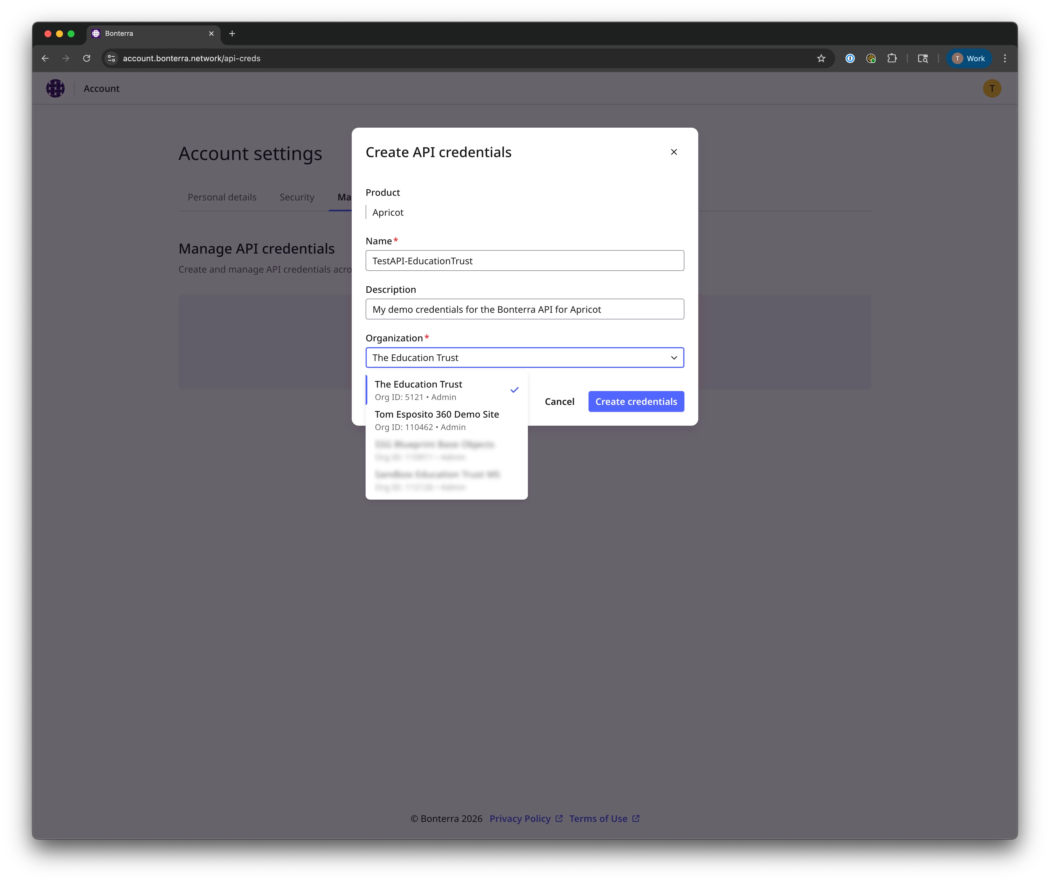 Create Credentials button in API management