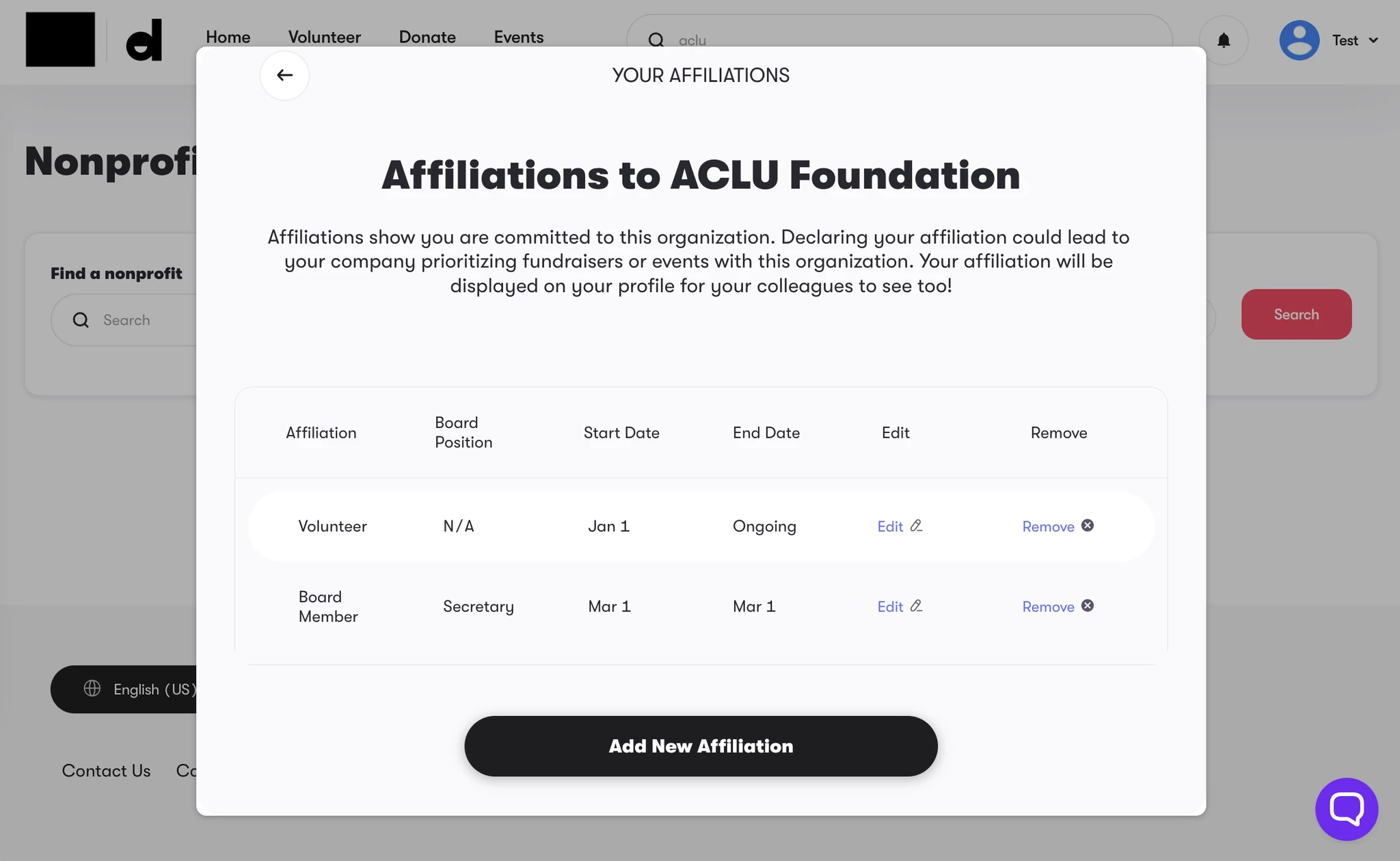Viewing affiliations on your Profile