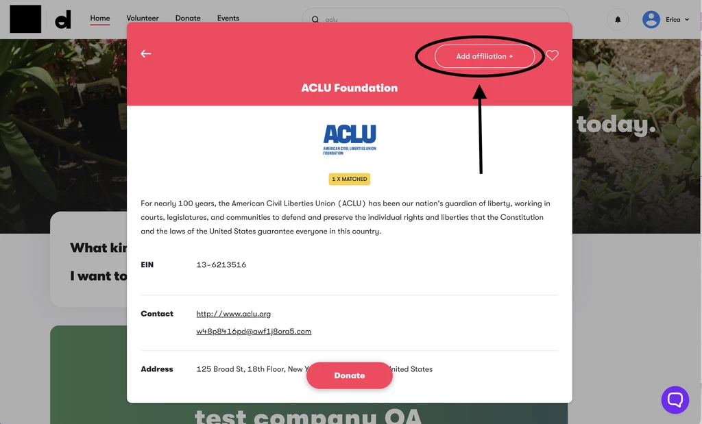 Adding affiliation through nonprofit profile