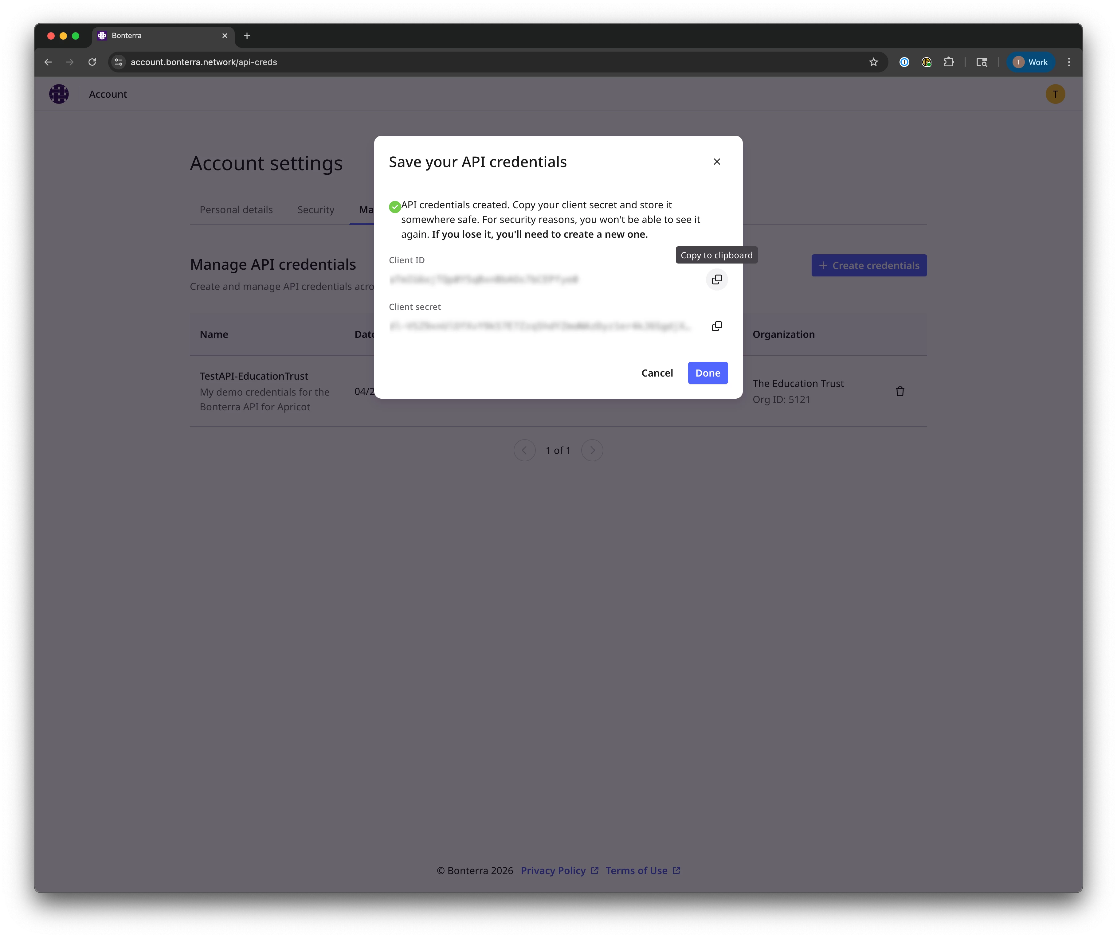 Client ID and Client Secret values screen
