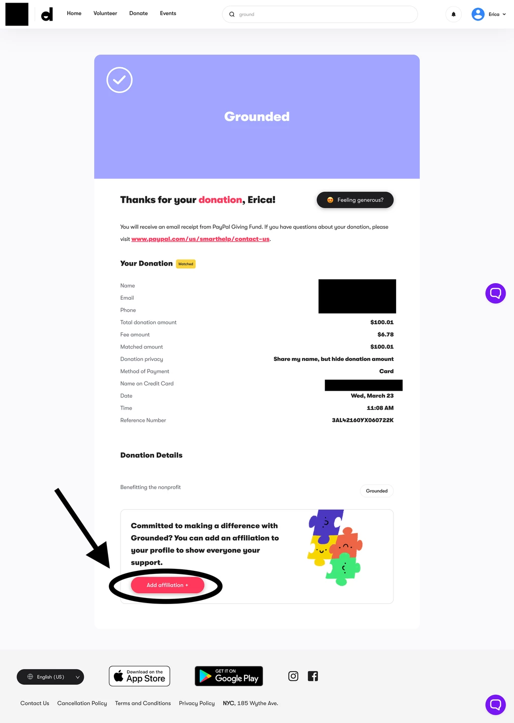 Adding affiliation on donation confirmation page