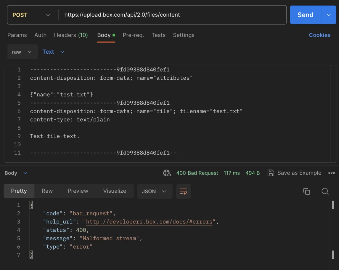 Box API Upload file error: Malformed stream