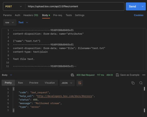 Box API Upload file error: Malformed stream